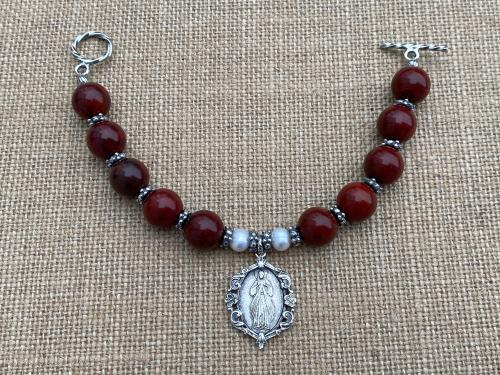 Sterling Silver Divine Mercy Chaplet Rosary Bracelet, Antique Replica, Divine Mercy Medal, St Faustina, Jasper Gemstones & Freshwater Pearls