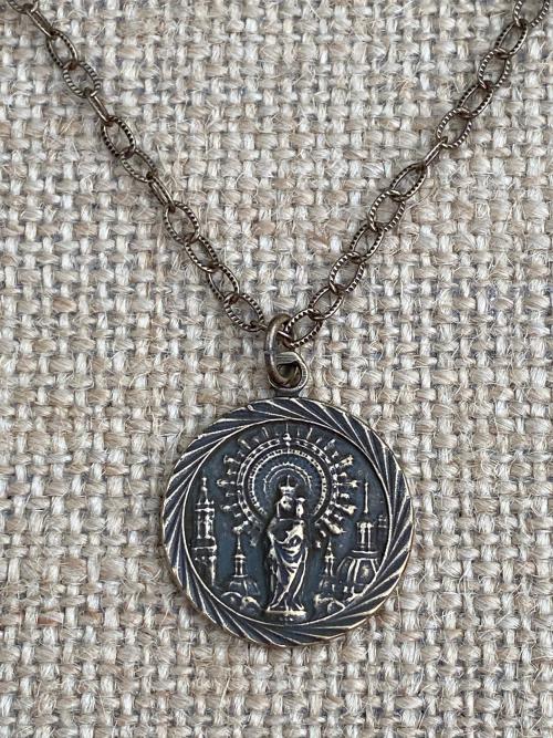 Bronze Our Lady of the Pillar Medal Pendant Necklace, Antique Replica, Blessed Virgin Mary, Spain, Nuestra Señora del Pilar, of the Pilar