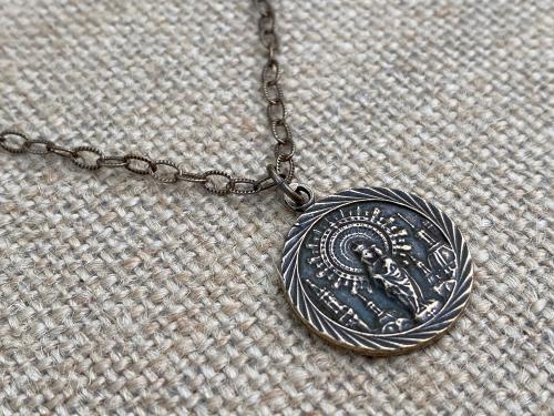 Bronze Our Lady of the Pillar Medal Pendant Necklace, Antique Replica, Blessed Virgin Mary, Spain, Nuestra Señora del Pilar, of the Pilar