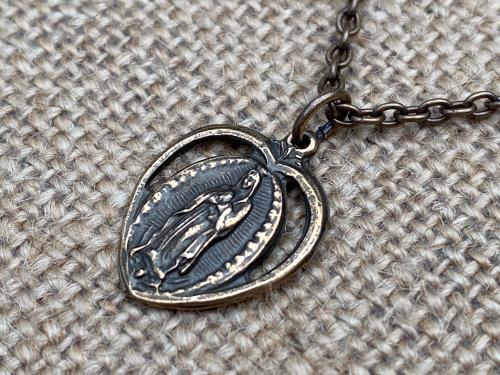 Bronze Our Lady of Guadalupe Medal Pendant Necklace, Antique Replica from Mexico, Heart Pendant, Blessed Virgin Mary, Virgin of Guadalupe