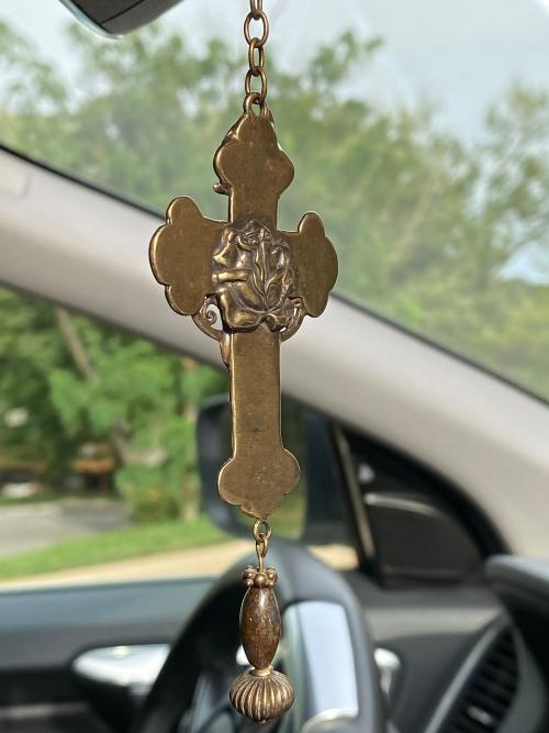 Bronze Rearview Mirror Our Lady of Guadalupe Cross, Religious Car Accessory, Castilian Rose, Cross to hang from Mirror, Antique Replica