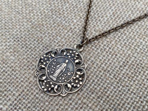 Bronze Blessed Virgin Mary Medal Pendant Necklace, In a Flower Garden, French Antique Replica, Our Lady of Lourdes, 19th Anniversary Gift
