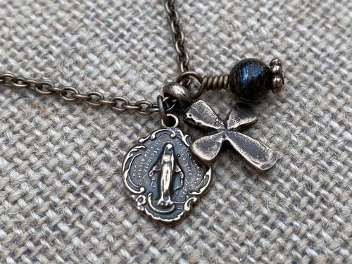 Bronze Miraculous Medal and Cross Charm Cluster Necklace, Antique Replica, Bronzite Gemstone, Dangling Charms Necklace, Boho Catholic MM3