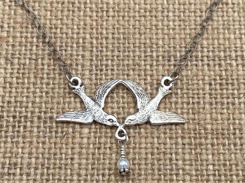 Sterling Silver Two Doves Pendant Necklace, Dangling Swarovski White Pearl, Wedding Necklace, Bridesmaid Gifts, Anniversary Gift, 2 Doves