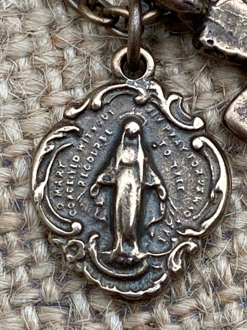 Bronze Miraculous Medal and Cross Charm Cluster Necklace, Antique Replica, Bronzite Gemstone, Dangling Charms Necklace, Boho Catholic MM3