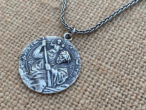 Sterling Silver St. Saint Christopher Medal on Wheat Chain Necklace, Antique Replica, Patron Saint of Travelers, Saint of Safe Travels