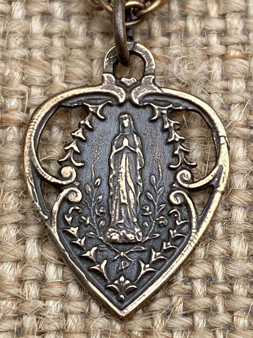 Bronze Our Lady of Lourdes Heart Medal Pendant Necklace, Antique Replica, Blessed Virgin Mary, Our Lady of Grace, Immaculate Conception
