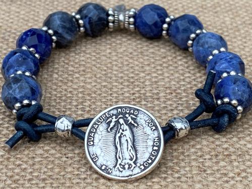 Sterling Silver Our Lady of Guadalupe Bracelet, Denim Blue Sodalite Gemstones, Antique Replica Medal, Button Closure, Dangling Cross Charm
