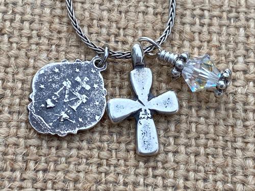 Sterling Silver Miraculous Medal Charm Cluster Pendant Necklace, Antique Replica, Dangling Cross, Swarovski Crystal, Blessed Virgin Mary MM3