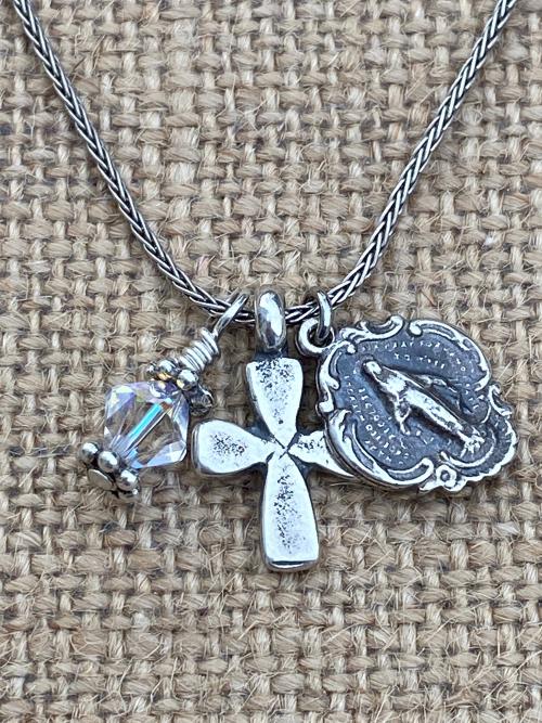 Sterling Silver Miraculous Medal Charm Cluster Pendant Necklace, Antique Replica, Dangling Cross, Swarovski Crystal, Blessed Virgin Mary MM3