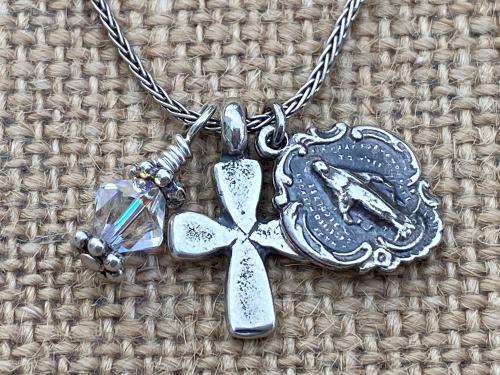 Sterling Silver Miraculous Medal Charm Cluster Pendant Necklace, Antique Replica, Dangling Cross, Swarovski Crystal, Blessed Virgin Mary MM3