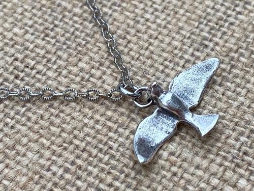 Sterling Silver Holy Spirit Dove Pendant Necklace, Antique Replica, Unisex Confirmation Gift, Boho Holy Spirit Necklace, Flying Dove Pendant