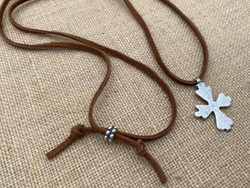 Oxidized Sterling Silver Coptic Cross Pendant on Brown Suede Lace Necklace, Adjustable Length, Slider Bead, Ethiopian Antique Replica Cross