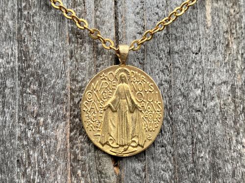 Gold French Miraculous Medal Pendant, Antique Replica, Long 28" Necklace, France Our Lady of the Miracle, Our Lady of Lourdes Fatima MM1