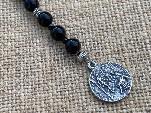 Chaplet of St Peregrine, Sterling Silver Medal & Crucifix, Black Obsidian Gemstone Beads, Antique Replicas, Patron Saint of Cancer Patients