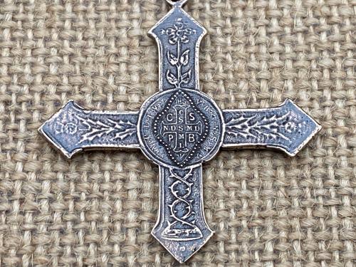 Rare Bronze Saint Benedict Cross Pendant, French Antique Replica, St Benedict Medal Necklace, 19th Century France, Ordo Sancti Benedicti OSB