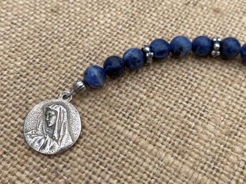Chaplet of Saint Peregrine, Sterling Silver Medal & Crucifix, Sodalite Gemstones Beads, Antique Replicas, Patron Saint of Cancer Patients