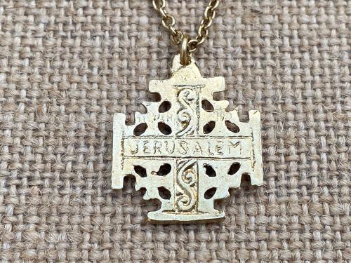 Gold Jerusalem Cross Pendant Necklace, Antique Replica Medal, Crusader's Cross, Five Wounds of Christ, Cross-and-Crosslets, Heraldic Cross