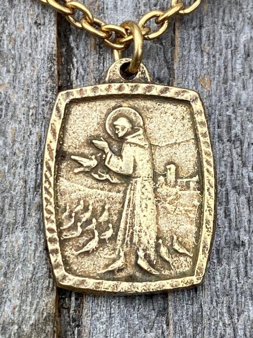 Antique Gold St. Francis of Assisi Blessing Prayer Medal Pendant Necklace Saint Catholic Italian Antique Replica Lord Bless You and Keep You