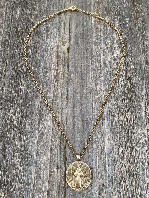 French Miraculous Medal in Antique Gold, Oxidized Gold Bronze, Antique Replica, Rolo Necklace, Our Lady of the Miracle, Blessed Mother MM1