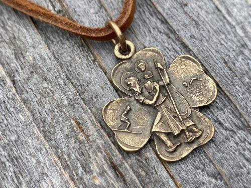 Bronze St Christopher Shamrock Medal Pendant with an Adjustable Slider Bead on Brown Suede Lace Necklace, Antique Replica, Saint, Catholic