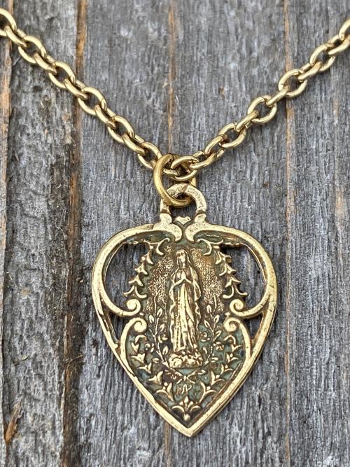 Antique Gold Our Lady of Lourdes Heart Medal, Antique Replica Necklace Immaculate Conception Mary Marian Blessed Mother Virgin Grace Pendant