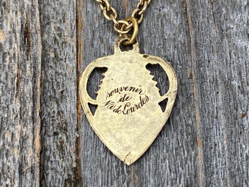 Antique Gold Our Lady of Lourdes Heart Medal, Antique Replica Necklace Immaculate Conception Mary Marian Blessed Mother Virgin Grace Pendant