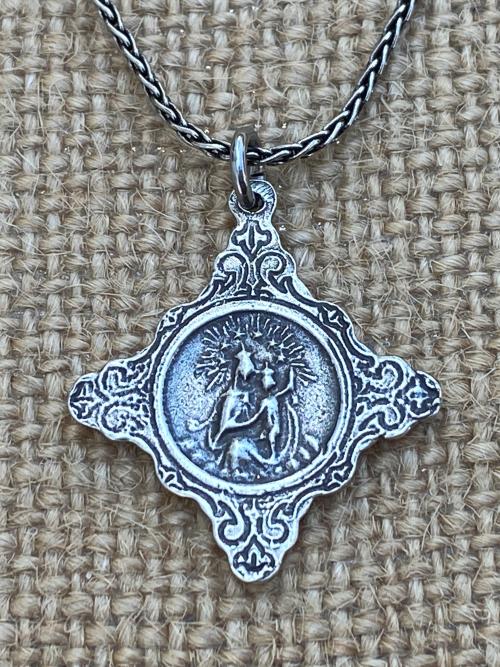 Sterling Silver Sacred Heart of Jesus Medal Cross Pendant, Faith Hope & Love Symbols, Antique Replica, .925 Sterling Silver Wheat Necklace