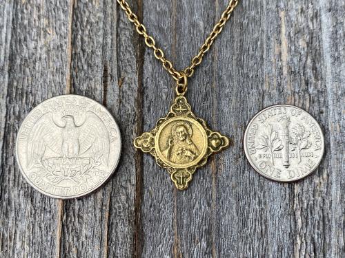 Antique Gold Sacred Heart of Jesus Pendant, Faith Hope & Love Symbols, Antique Replica, Medal Necklace, Holy Spirit Dove, Cross Anchor Heart
