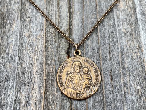 Bronze Saint Joseph French Medal, Antique Replica, Necklace, Priez Pour Nous, Oratoire St Joseph, Mont Royal, Montreal Quebec, Father Gift