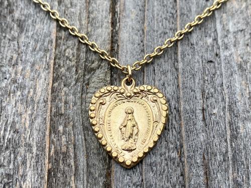 Shiny Gold Heart Shaped Miraculous Medal Pendant Necklace, Antique Replica, Our Lady of Lourdes, Immaculate Conception, Marian Catholic Gift