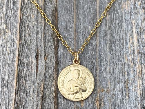 Gold St Gerard Majella Medal, Necklace, French artist Penin, Antique Replica, Patron Saint of Expectant Mothers, Patron Saint of Fertility