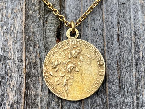 Antique Gold Rare St Thérèse of Lisieux Medal Necklace, French Antique Replica, Sancta Teresia, St Theresa of the Child Jesus, Little Flower