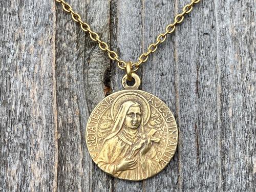 Antique Gold Rare St Thérèse of Lisieux Medal Necklace, French Antique Replica, Sancta Teresia, St Theresa of the Child Jesus, Little Flower