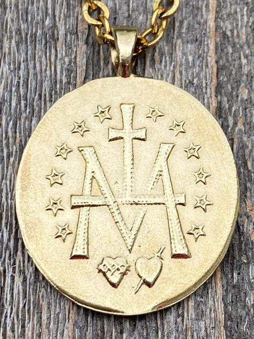 Gold Big French Miraculous Medal, Antique Replica, Pendant Necklace, O Mary Conceived Without Sin Pray for Us Who Have Recourse to Thee, MM1