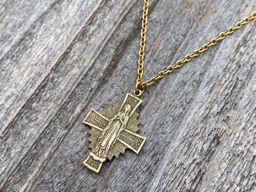 Antique Gold Radiant Mary Medal, Antique Replica, Pendant Necklace, Radiant Cross, Our Lady of Lourdes, Blessed Virgin Mary Pendant Necklace