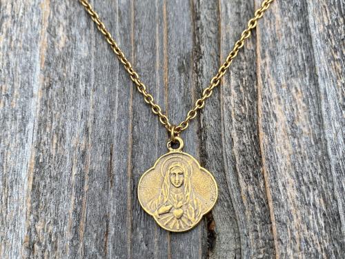 Antique Gold Immaculate Heart of Mary, French Antique Replica, Medal Pendant & Necklace, Heart of Virgin Mary, Scalloped Rare Mary Medal