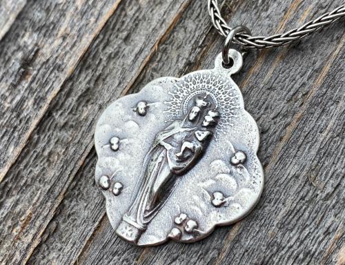 Sterling Silver Mary, Queen of Angels Pendant Necklace, Antique Replica, Our Lady Queen of Heaven, Blessed Virgin Mary Pendant and Necklace