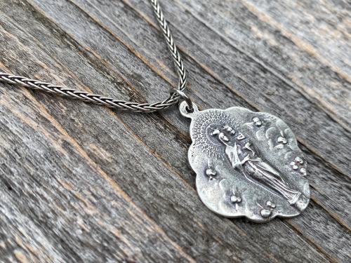 Sterling Silver Mary, Queen of Angels Pendant Necklace, Antique Replica, Our Lady Queen of Heaven, Blessed Virgin Mary Pendant and Necklace