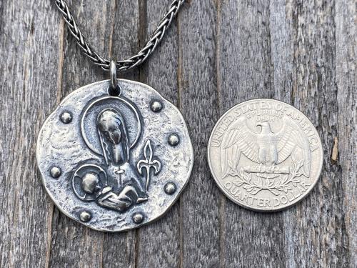 Sterling Silver Large Mary and Baby Jesus Fleur de Lis Pendant, Antique Replica French Medal, Sterling Silver Wheat Chain, Elie Pellegrin