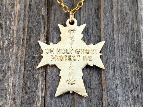 Gold Holy Spirit Dove Cross, Antique Replica, Medal Pendant Necklace, Confirmation Gift, Holy Ghost Cross Pendant, Holy Fire Cross Pendant