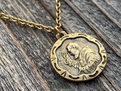 Antique Gold Saint Padre Pio Antique Replica Medal Pendant Necklace, Saint Pius of Pietrelcina, Stigmatized Priest, Healing, Stigmata, Rare