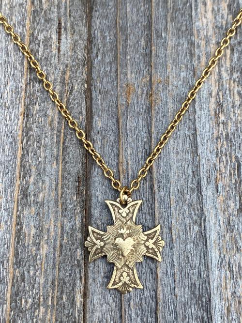 Antique Gold Sacred Heart Cross Pendant and Necklace, Antique Replica, Sacred Heart of Jesus, Bestseller, Devotion to His Sacred Heart