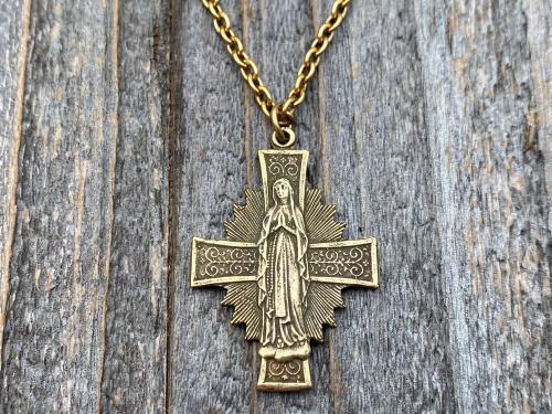 Antique Gold Radiant Mary Medal, Antique Replica, Pendant Necklace, Radiant Cross, Our Lady of Lourdes, Blessed Virgin Mary Pendant Necklace