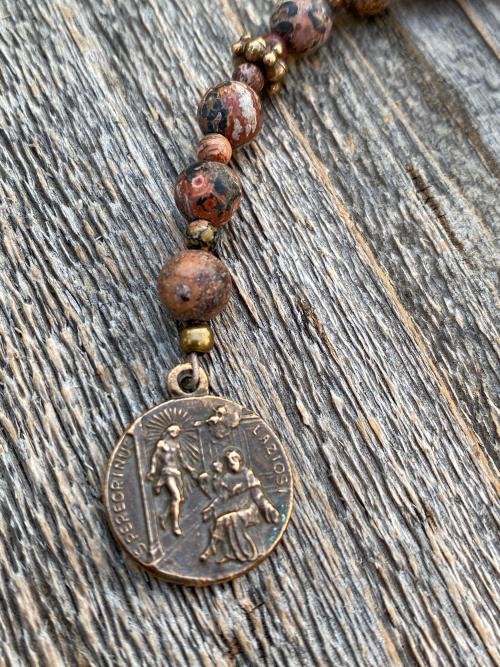 Small Chaplet of St Saint Peregrine, Bronze Antique Replica Medal & Crucifix, Leopardskin Jasper Gemstones, Patron Saint of Cancer Patients