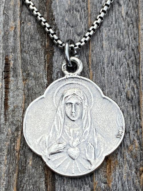 Sterling Silver Immaculate Heart of Mary, French Antique Replica, Medal Pendant & Necklace, Heart of Virgin Mary, Scalloped Rare Mary Medal
