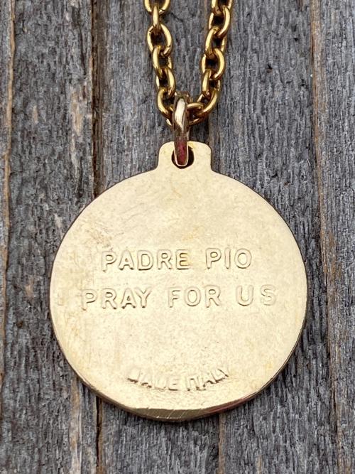 Gold Saint Padre Pio Antique Replica Medal Pendant Necklace, Saint Pius of Pietrelcina Charm, Stigmatized Priest, Pray Hope & Don't Worry