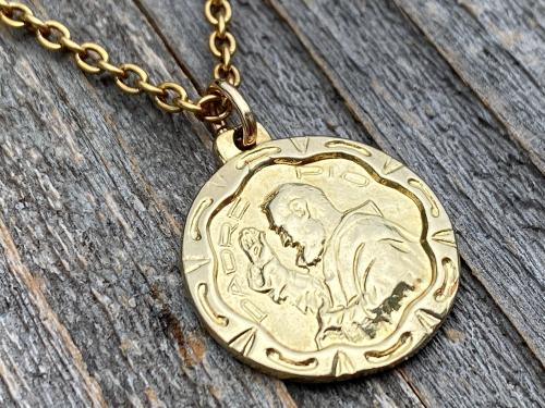 Gold Saint Padre Pio Antique Replica Medal Pendant Necklace, Saint Pius of Pietrelcina Charm, Stigmatized Priest, Pray Hope & Don't Worry