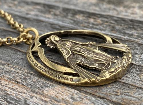 Antique Gold Large Openwork Miraculous Medal Pendant Necklace, Antique Replica, Rare unusual Antique, Blessed Virgin Mary, Our Lady Miracles