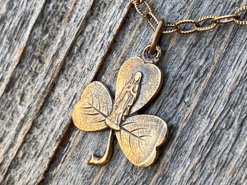 Bronze Mary Shamrock Pendant (Antique Replica from Lourdes France) Medal on Necklace, Our Lady of Lourdes on a Shamrock Pendant, Irish Gift